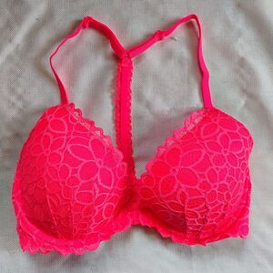 Victoria's Secret PINK The Date Racerback Push-Up Bra 34D Neon Pink Front Clasp